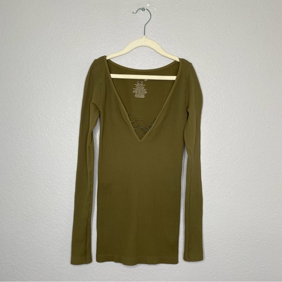 Free People Intimately Ribbed V-neck Long Sleeve Green/Sage Top Size XS/S - Picture 8 of 16